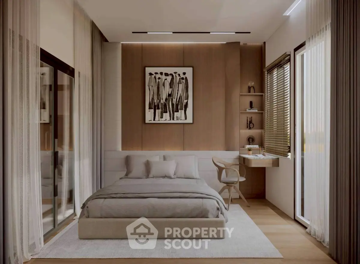 Modern bedroom with stylish decor and natural light
