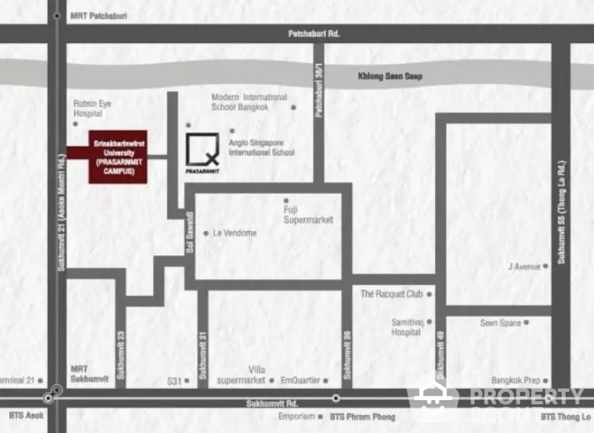 Map showing location of Srinakharinwirot University Prasarnmit Campus and nearby landmarks in Bangkok.