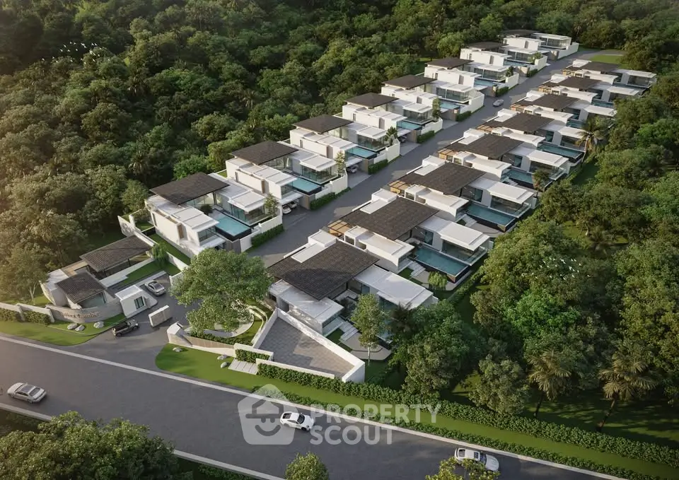 Luxurious modern villas nestled in lush greenery with private pools and scenic views.