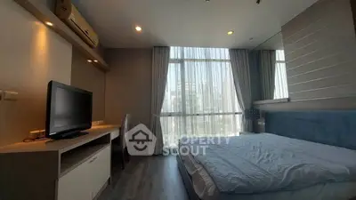 Modern bedroom with large window and city view, featuring a cozy bed and sleek furniture.