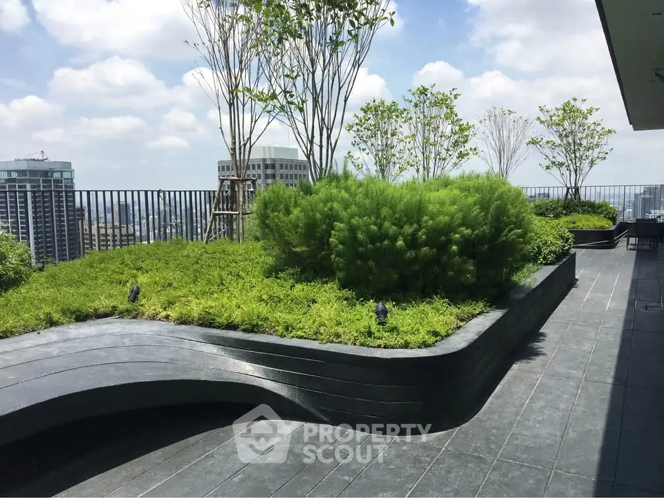 Luxurious rooftop garden with stunning city views and lush greenery