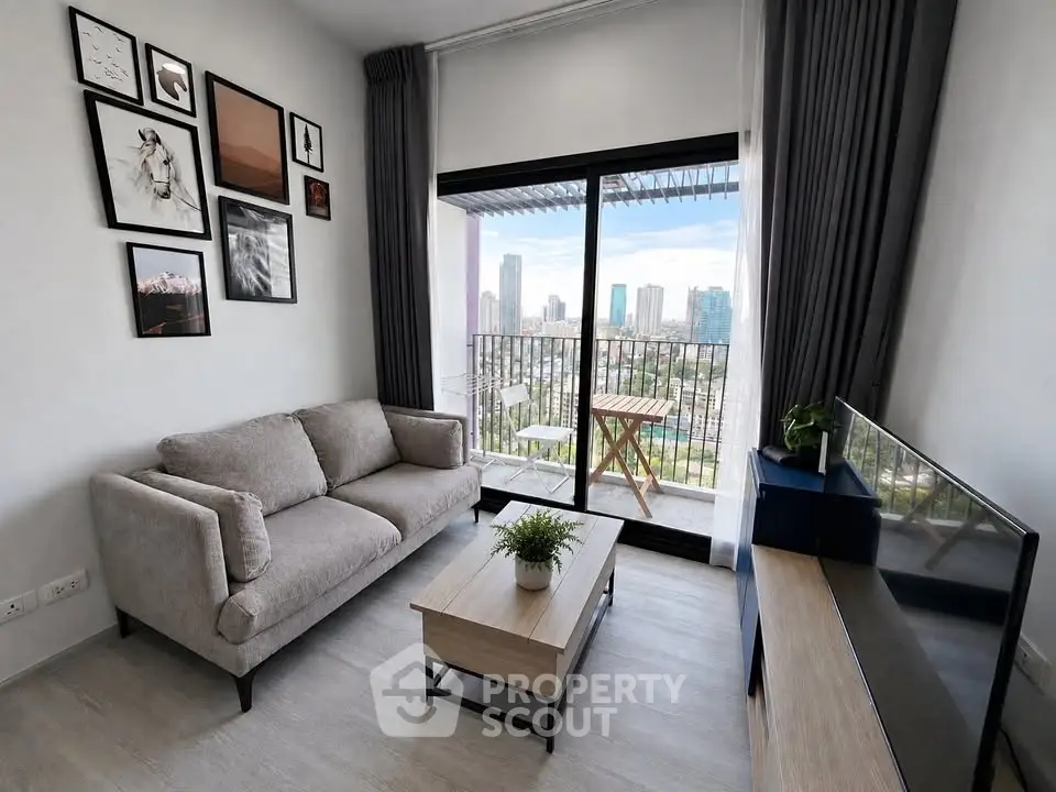 Modern living room with balcony view in urban apartment