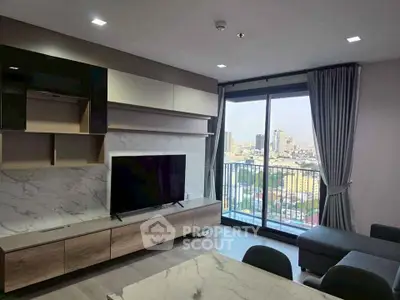 Modern living room with city view and stylish decor