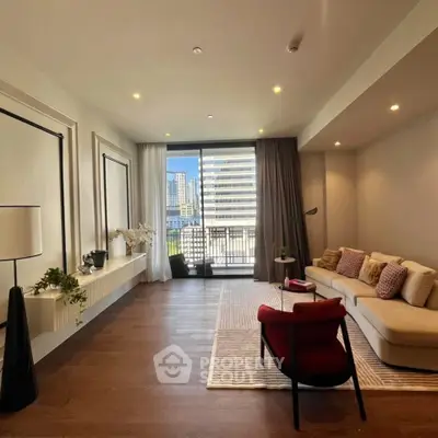 Spacious modern living room with city view and stylish decor