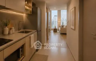 Modern apartment interior with sleek kitchen and cozy living room, offering a stylish urban lifestyle.