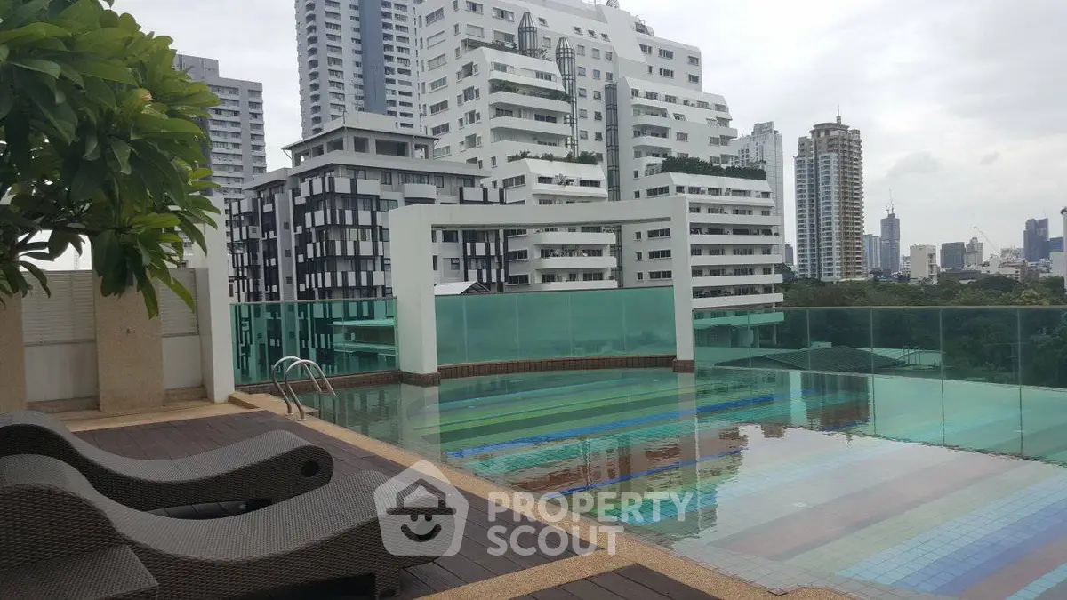 Luxurious rooftop pool with stunning cityscape views in modern urban setting.