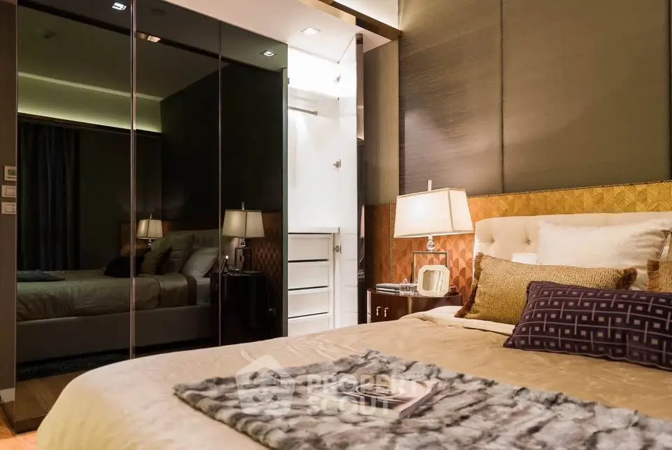 Luxurious bedroom with elegant decor and mirrored wardrobe doors