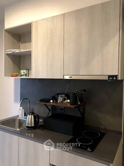 Modern kitchen with sleek cabinetry and electric stove in contemporary apartment