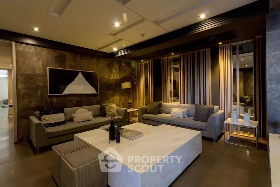 Luxurious modern living room with elegant decor and ambient lighting