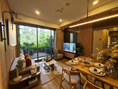 Luxurious modern living room with open balcony and elegant dining setup