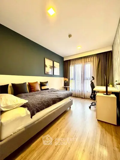 Modern bedroom with stylish decor and natural light