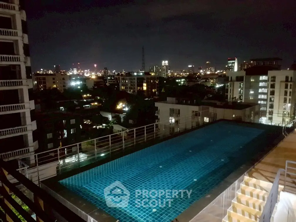 Stunning rooftop pool with panoramic city skyline view at night