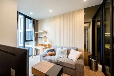 Modern living room with cozy sofa and natural light