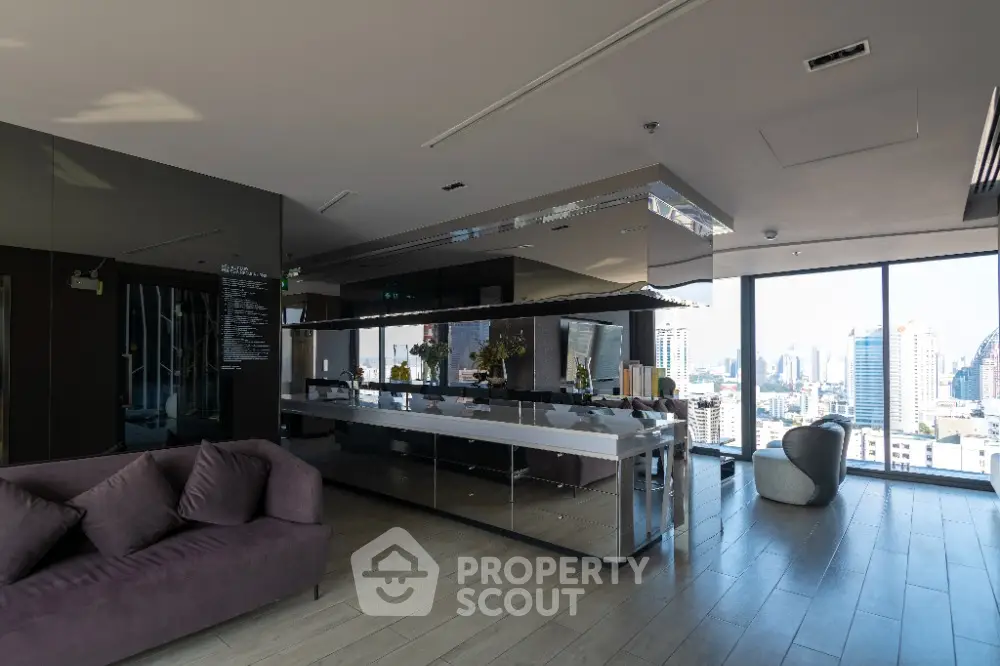 Luxurious modern living room with panoramic city view and stylish decor