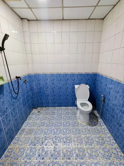 Spacious bathroom with blue and white tile design, featuring a modern toilet and shower setup.