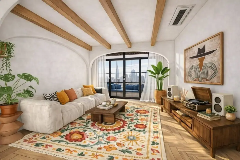 Charming living room with wooden beams, vibrant rug, and city view balcony.