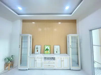 Elegant living room with modern display cabinets and stylish decor