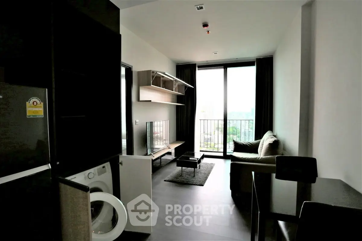 Modern living room with balcony view in stylish apartment