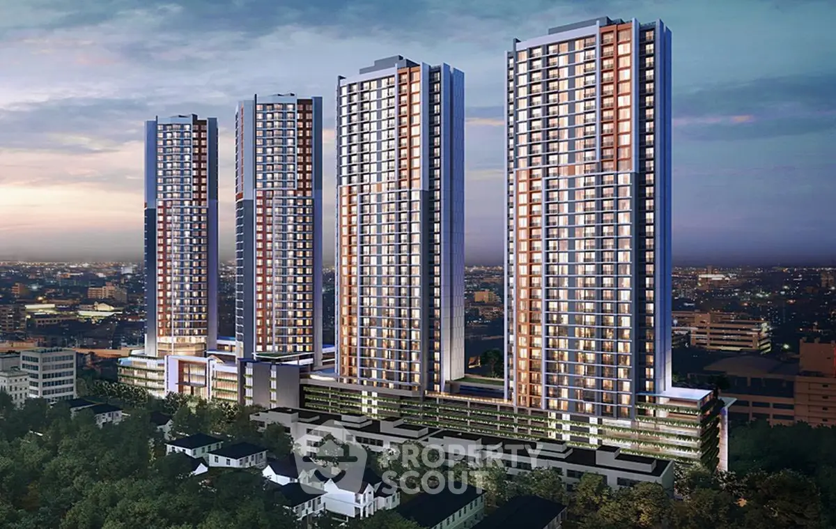 Stunning high-rise residential towers with cityscape view, offering luxurious urban living.