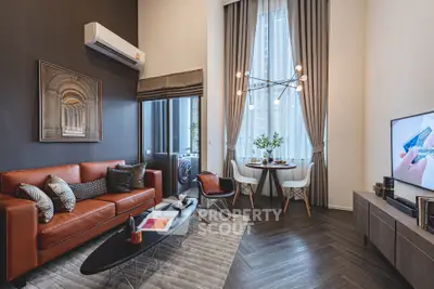 Stylish modern living room with high ceilings and elegant decor