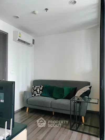 Cozy living room with modern gray sofa and stylish decor