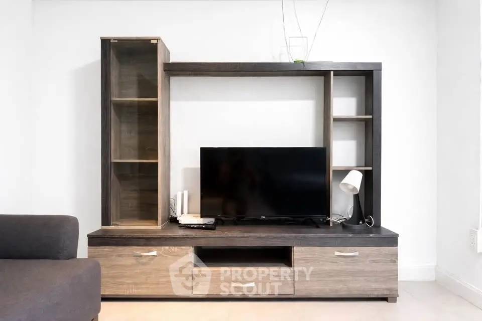 Modern living room with sleek entertainment center and flat-screen TV