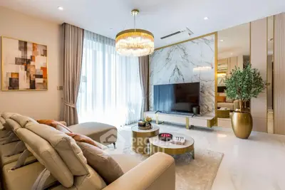 Luxurious modern living room with elegant decor and marble accents