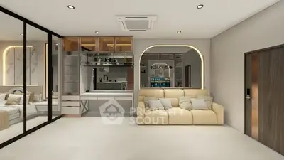 Modern living room with stylish sofa and mirrored wall in luxury apartment