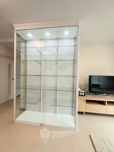 Modern living room with glass display cabinet and sleek TV stand