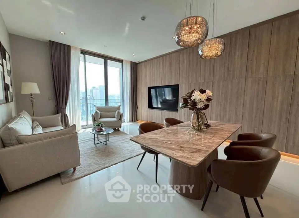 Luxurious modern living room with elegant decor and city view, featuring stylish furniture and ambient lighting.