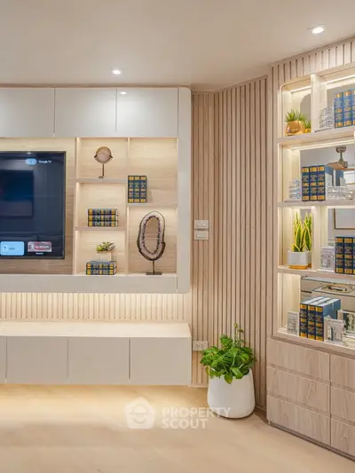 Modern living room with built-in shelves and stylish decor