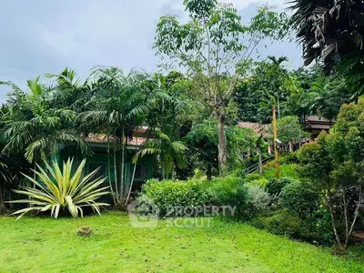 Lush tropical garden with vibrant greenery and exotic plants surrounding a serene property.