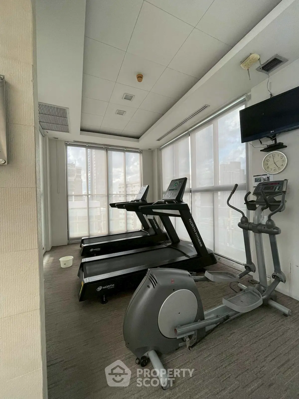 Modern gym with treadmills and elliptical in a high-rise building with city views.