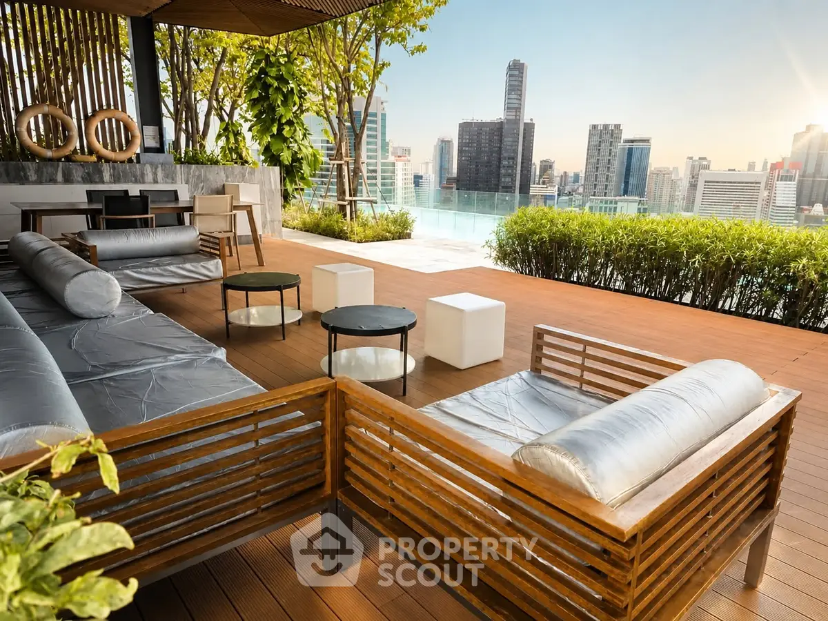 Luxurious rooftop terrace with stunning city skyline view and modern outdoor seating.