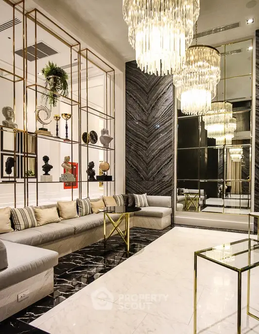 Luxurious modern living room with elegant chandeliers and stylish decor