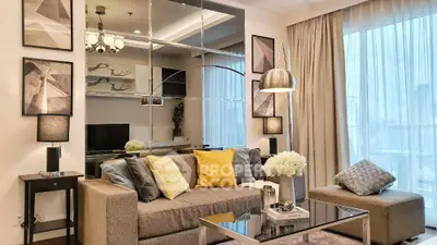 Luxurious modern living room with elegant decor and city view