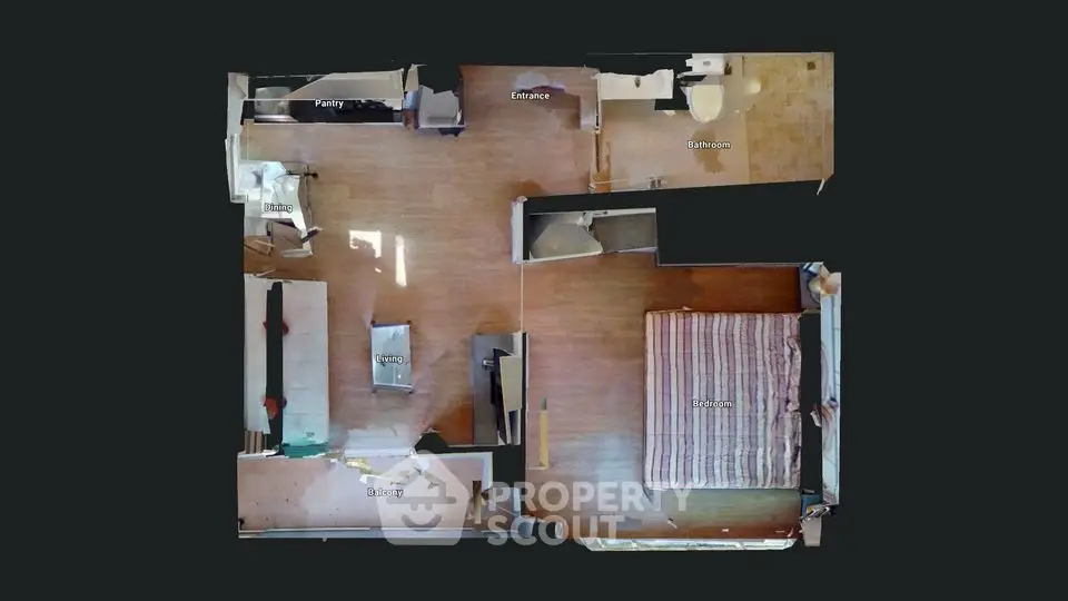 Explore this modern apartment floor plan with spacious bedroom and open living area.