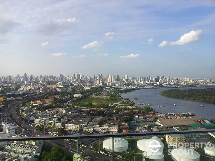 Stunning cityscape view from high-rise balcony overlooking river and skyline