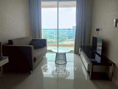 Modern living room with panoramic city view and sleek furniture