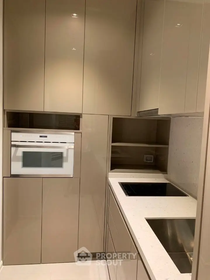 Modern kitchen with sleek cabinetry and built-in oven, featuring an induction cooktop and stainless steel sink.