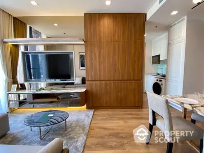 Modern apartment interior with open layout connecting living and dining areas, featuring sleek wooden accents and contemporary furnishings, ideal for urban living.