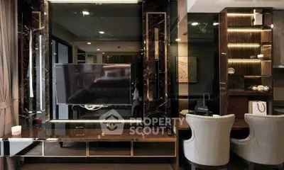Luxurious modern living room with sleek TV setup and elegant seating area