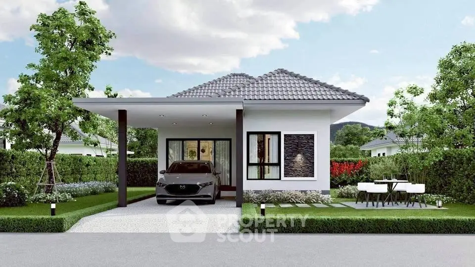 Charming modern house with carport, lush garden, and outdoor dining area.