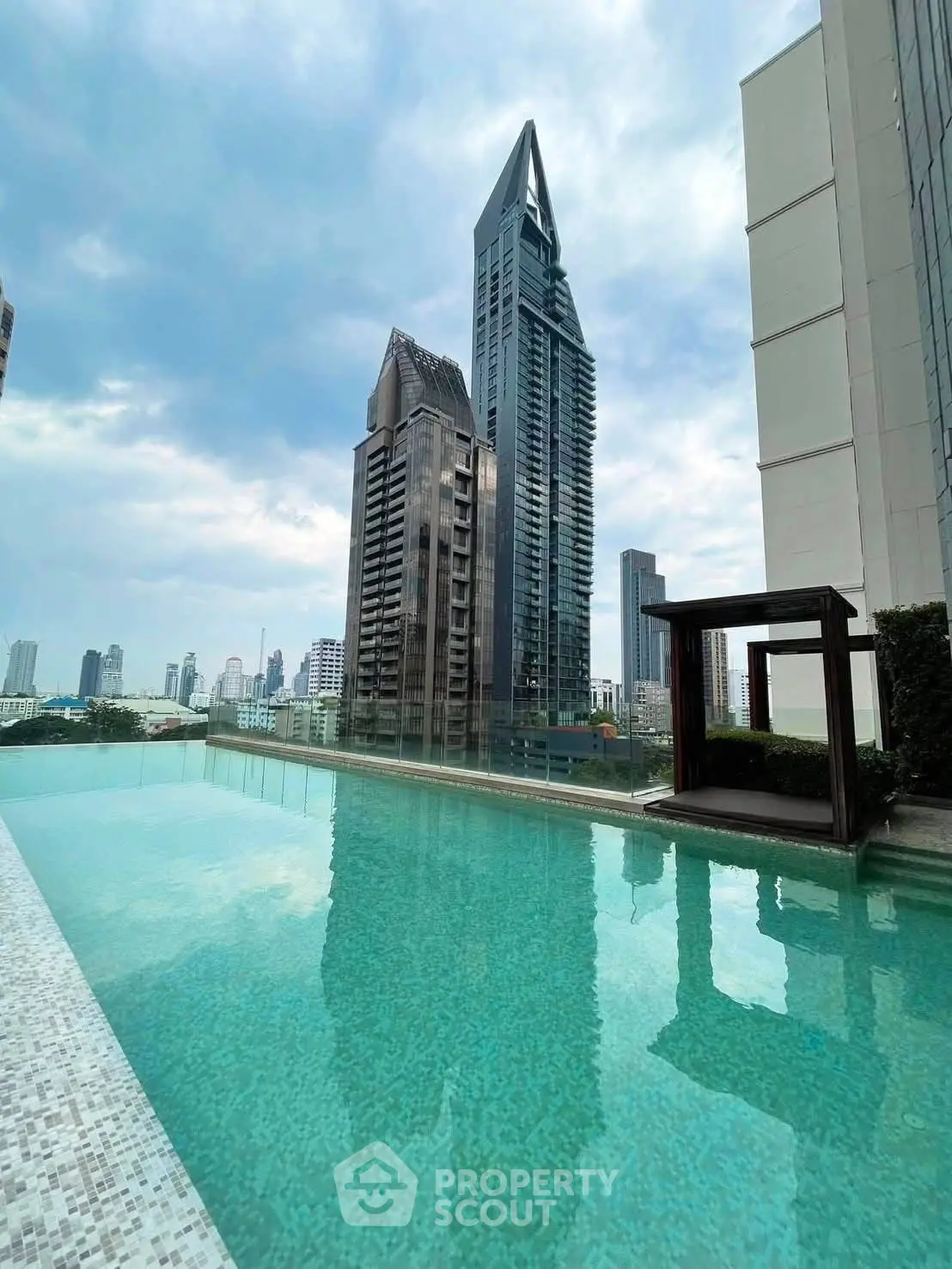 Stunning rooftop pool with panoramic city skyline views in modern urban setting.