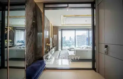 Luxurious modern living room with city view and elegant decor