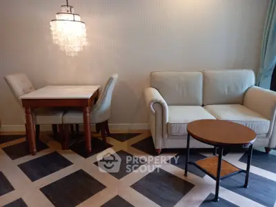 Elegant living room with stylish furniture and unique flooring design