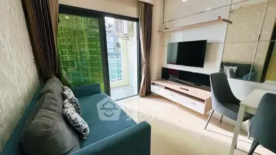 Modern living room with balcony access and stylish decor