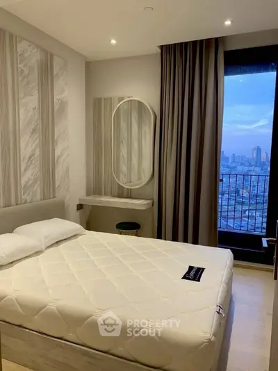Modern bedroom with city view and stylish decor