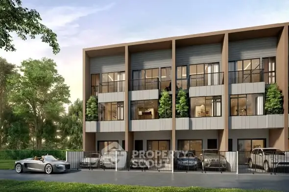 Modern townhouse exterior with multiple balconies and parking spaces, surrounded by lush greenery.