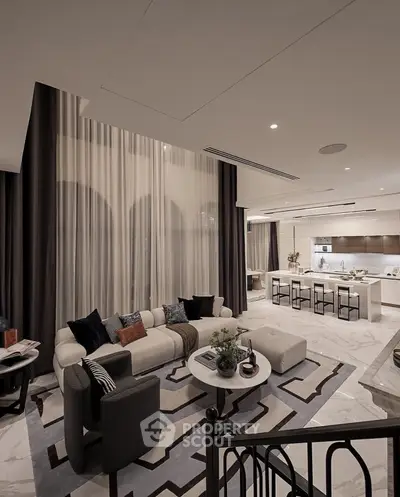 Luxurious open-plan living room with modern kitchen and elegant decor